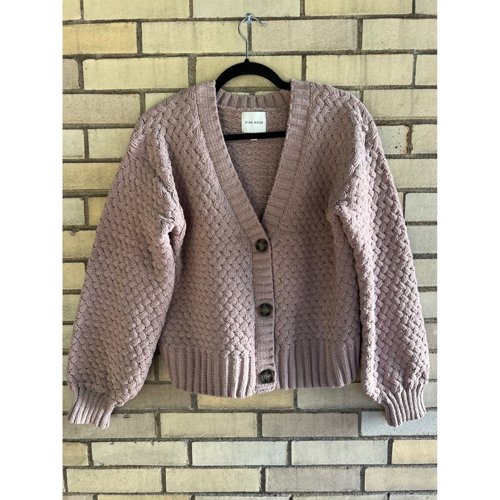 Pink Rose Basketweave Knit Button Front Cropped Cardigan Sweater Brown Sz Large